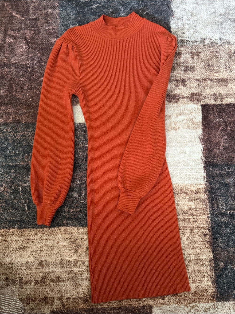 Long-Sleeve Ribbed Knit Dress in Rust